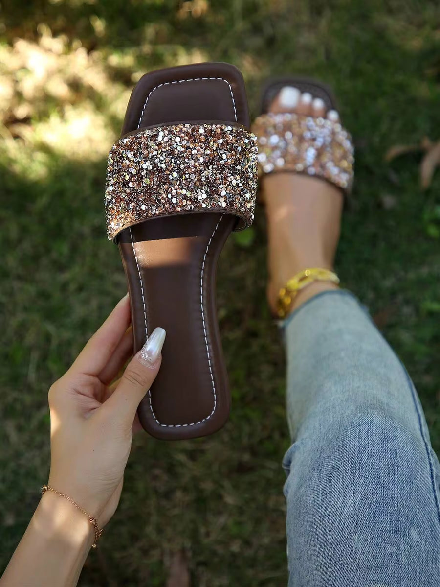 Women Rhinestone Decor Slide Sandals, Glamorous Glass Flat Sandals,Spring Summer Outfits