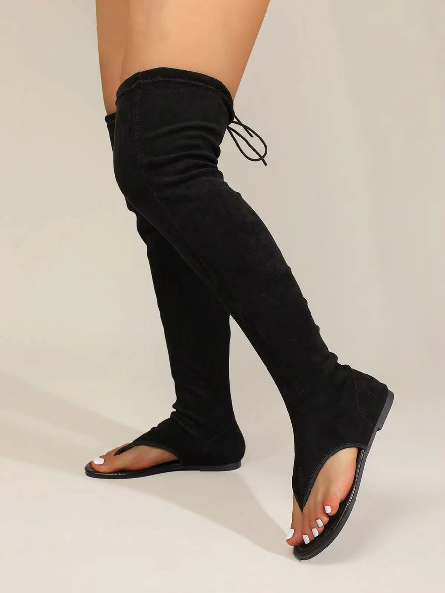 Fall/Winter 2025 Spring/Summer New Women Sexy Hollow-Out Faux Suede Material Open-Toe Knee-High Flat Sandals Boots For Party