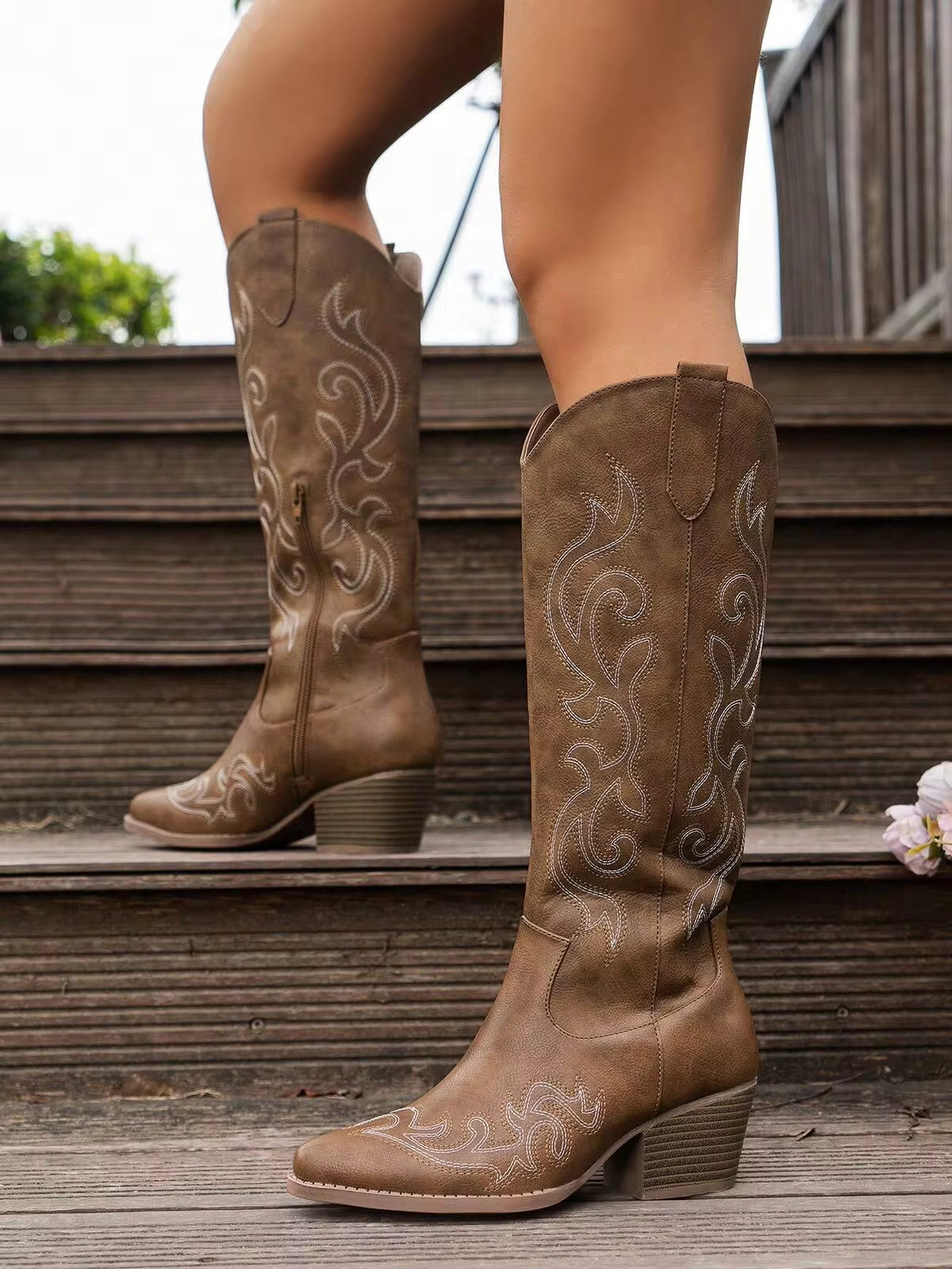 Women's Fashion Solid Color Versatile Electric Embroidery Leather Side Zipper Slope Heel High Boots