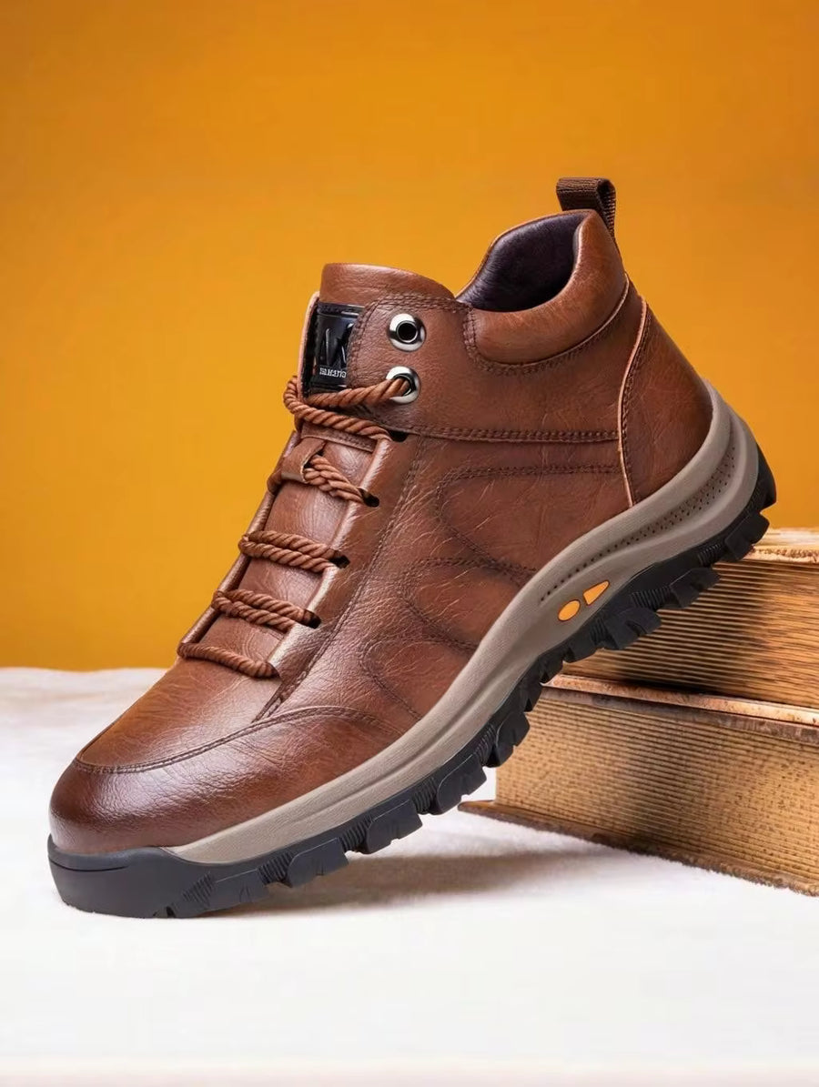 Men's High Top Faux Leather Hiking Boots Lace Up Round Toe Non Slip Rugged Sole Durable Comfortable For Outdoor Trekking Camping Work Everyday Travel